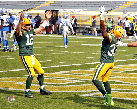 Aaron Jones Packers Unsigned Toucdown Celebration with Aaron Rodgers Photo Cover