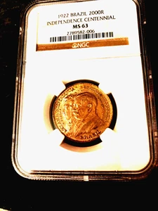 NGC CERIFIED Unique Toned Colors Gold Purple Brazil 1922 2000 Reis Silver MS63 - Picture 1 of 5