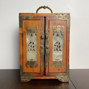 Vintage Oriental Chinese Rosewood/Brass w Carved Jade Inlay Jewelry Box 4 drawer - Picture 1 of 13