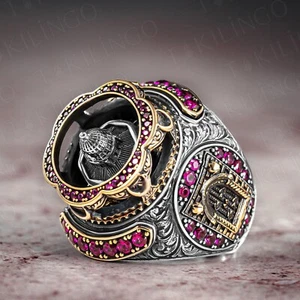 925 Sterling Silver Turquoise Al-aqsa Mosque Motif Islamic Muslim Men's Ring - Picture 1 of 5