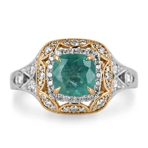 2.14tcw Cushion Cut Emerald & Diamond Accent Engagement Ring Two Toned Gold 14K - Picture 1 of 10