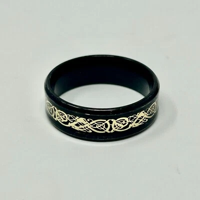Black & Yellow Ion-Plated Stainless Steel Celtic Dragon Band - Size 12.5 Goth Foto 1 de 4