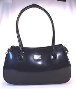 Beijo Black Patent Purse Two Round Handle Zipper Top Beige Fabric Lining - Picture 1 of 10