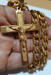 Mens stainless steel Gold Plated cuban jesus cross pendant necklace chain - Picture 1 of 4