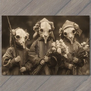 Art Print Girls Animal Skulls Flowers Sepia Dresses Ritual Creepy Halloween - Picture 1 of 1