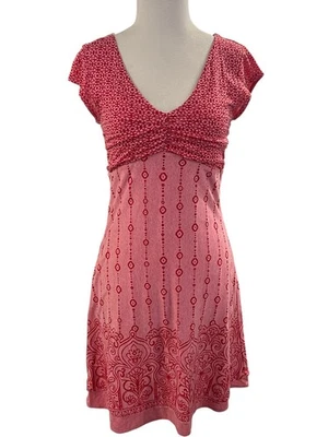 Vestido Athleta Dhara Talla SP Coral Capas Cuello en V Acanalado Boho Estampado Global Foto 1 de 4