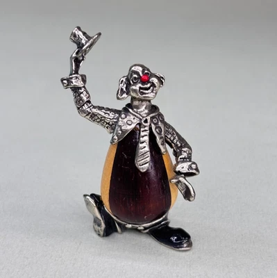 CLOWN PAGLIACCIO LEGNO ARGENTO VINTAGE MICROFUSIONE MINIATURA ITALY ANNI 70 80 - Immagine 1 di 4