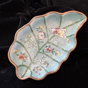 Floral Emaille Metall Schmuck Tablett Schale grün Frosch Schmetterling - Bild 1 von 6