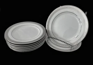 SET OF 8 NORITAKE CRESTWOOD PLATINUM WHITE & SILVER 6 3/8"" BREAD BUTTER PLATES - Picture 1 of 11