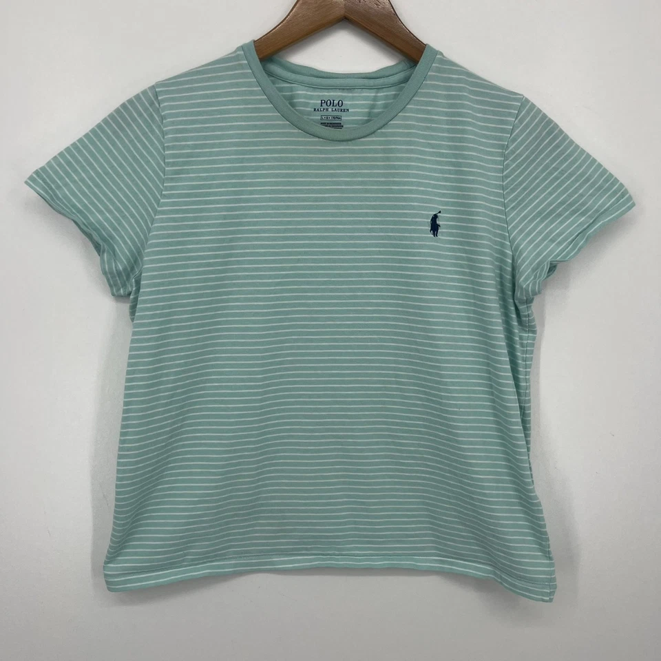 Polo Ralph Lauren T 恤女孩 L 码绿色条纹圆领小马标志 — 第 1/4 张图片