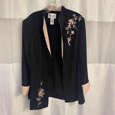 Vintage Maggie Sweet Blazer Jack Petite Large Black W Peach Floral Embroidery - Image 1 of 4