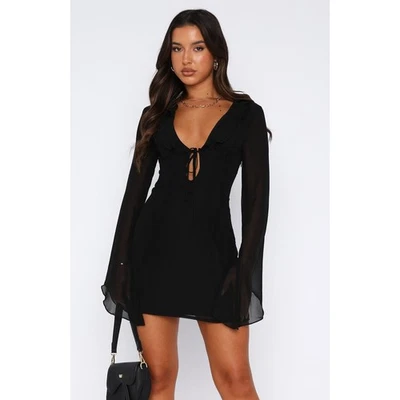 White Fox Falling To Pieces Black Ruffle Sheer Long Sleeve Mini Dress Size XS - Image 1 of 4