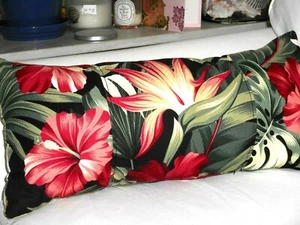 Tropical Hawaiian 100% Cotton Barkcloth Fabric LUMBAR PILLOW ~Pua-Black~ - Picture 1 of 2