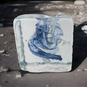 Studio Art Glass Block Blue Swirl 2.25" Square x 1.5" Wide Paperweight - Picture 1 of 10