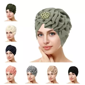 Damen Blume Perlen Beanie Mütze Stretch Kopfbedeckung Stirnband Haar Halstuch Headwrap Mütze - Bild 1 von 16