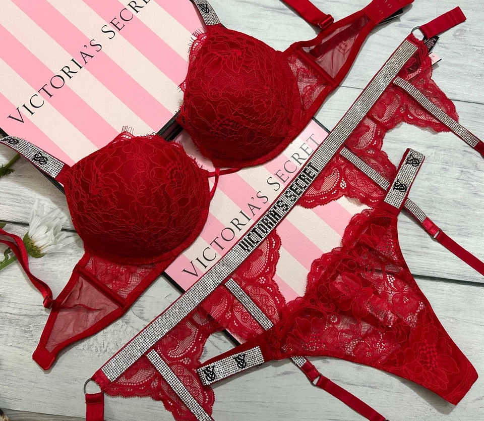 Victoria's Secret VS Shine Strap Bombshell Lace Push-Up Bra Thong Garter Set Red - Image 1 of 4