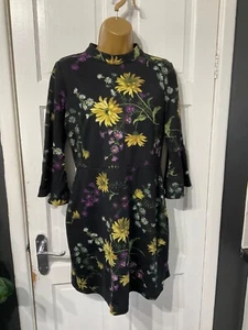 WAREHOUSE size 12 black / floral stretch dress floaty sleeve dressy work smart - Picture 1 of 10