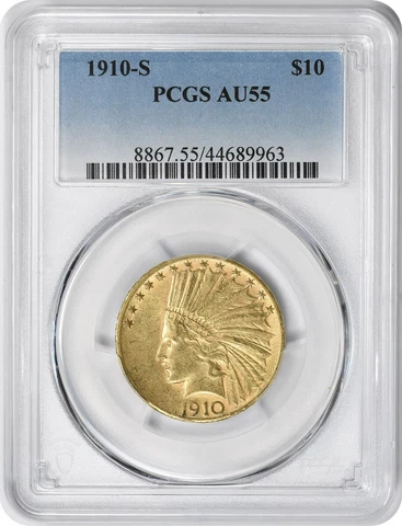 1910-S $10 Gold Indian AU55 PCGS Cover