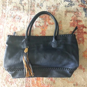 Charming Charlie Navy Blue Faux Leather Shopper lg Tote Bag Purse Braid Trim LNC - Picture 1 of 9