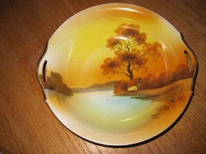 Noritake Hand Painted Bowl with Handles & Featuring House with Pond & Flowers - Picture 1 of 5