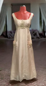 VTG 60's Mod Textured Peach formal gown Prom party dress cream lace accents S/M - Picture 1 of 12