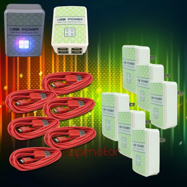 6X 4 USB ANSCHLÜSSE WANDADAPTER + 3 FUSS KABEL NETZTEIL SYNC ROT GALAXY NOTE NEXUS - Bild 1 von 1