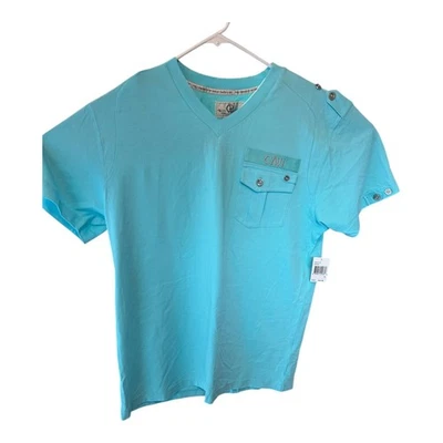 NWT CAVI Men’s XL V-Neck Shirt Blue Military Pocket Button Trim Tee 100% Cotton - Image 1 of 4