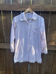 Vintage Tommy Hilfiger Sleepwear Button Down Nightgown Size L Striped Lace EUC - Picture 1 of 3