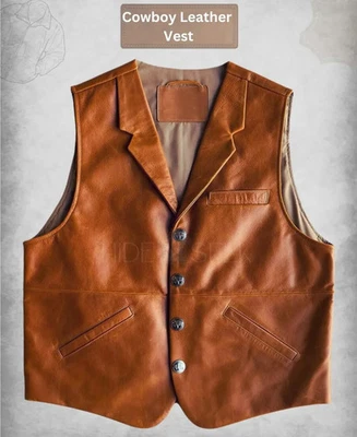 Men’s Tan Brown Handmade Leather Vest Classic Western Cowboy Waistcoat All Sizes - Image 1 of 4
