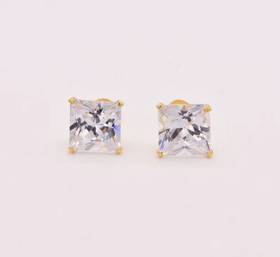 CZ Prong Set Princess Stud Earrings 14K Yellow Gold-Plated Sterling Silver 925 - Image 1 of 4