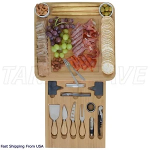 Bambus Wurstwaren Käsebrett Geschenkset, Schiefer Mitte, Edelstahl Messer - Bild 1 von 9