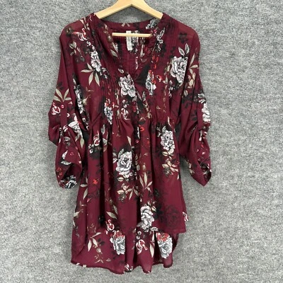 Camisa American Rag Cie Mujer L Grande Roja Floral Abotonada Cuello en V Manga 3/4 Foto 1 de 4
