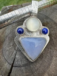Jewerly Italy .925 SS Omega Necklace 16” Blue Chalcedony Cat Eye Moonstone Rare - Picture 1 of 22