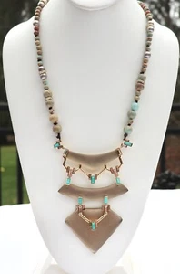 ALEXIS BITTAR GRAY PEARLIZED LUCITE TIERED PENDANT BEAD NECKLACE WITH TURQUOISE - Picture 1 of 10