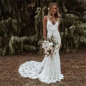 Bohemian Mermaid Wedding Dresses Spaghetti Straps Backless Beach Bridal Gowns - Picture 1 of 10