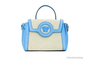 Versace La Medusa Blue Leather Top Handle Canvas Satchel Tote Crossbody Purse - Picture 1 of 6