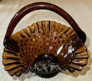 Vintage Fenton Dark Amber Hobnail Basket Ruffle Crimp Edge 6” Tall - Picture 1 of 9