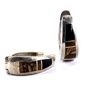 WAYNE ETSITTY W Navajo Artist Sterling Silver Inlay Hoop Earrings Onyx Tiger Eye - Picture 1 of 8