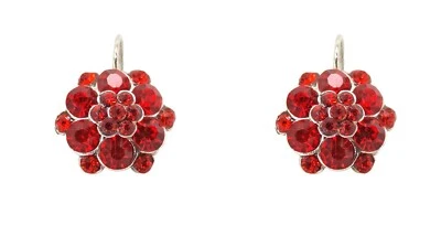 Red flower crystal earrings with round crystals, women's red flower earrings - Image 1 of 4