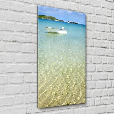 Glasbilder Wandbild Glasfoto Weißes Boot Seelandschaft Inseln Meer Natur 60x120 - Bild 1 von 4