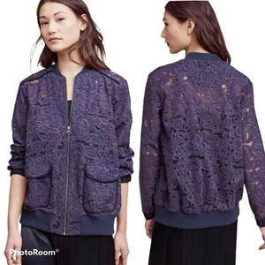 Anthropologie Elevenses Miranda Lace Bomber Women's Size L Navy Blue Semi Sheer - Picture 1 of 8
