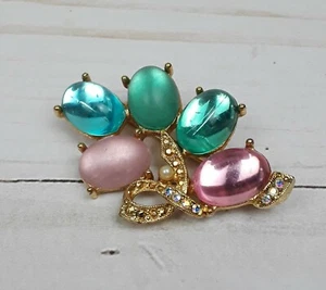 Vintage goldfarbene Brosche Aurora Borealis Strass rosa grün Anstecknadel Schmuck - Bild 1 von 4