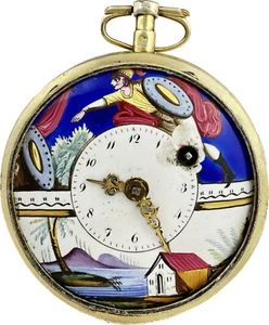 Antique Key Wind Fusee Pocket Watch French w Fancy Enamel Painted Scene Dial - Picture 1 of 5