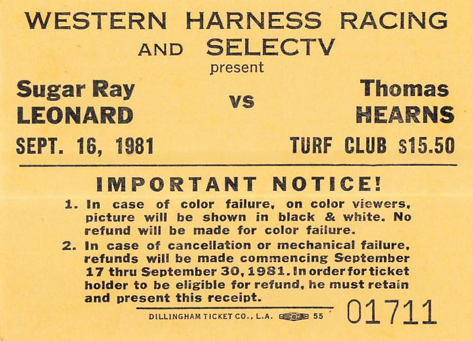 Sugar Ray Leonard vs Thomas Hearns Boxing Ticket Welterweight Title 1981 #01711 - Image 1 of 2
