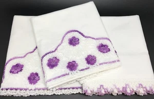 3 Vintage Standard Cotton Pillowcases W/ Purple & White Crochet Edging (RF846) - Picture 1 of 9