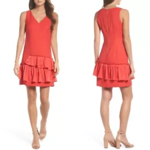 Eliza J Fit Flare Pleated Hem Ruffled V-Neck Coral Sleeveless Dress.SZ:12 - Picture 1 of 12