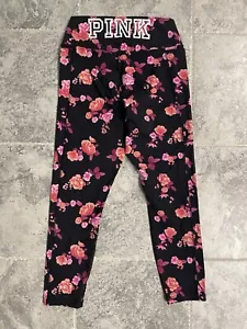PINK Victoria Secret Women's Size Medium Black/Pink Floral Print Leggings - Picture 1 of 5