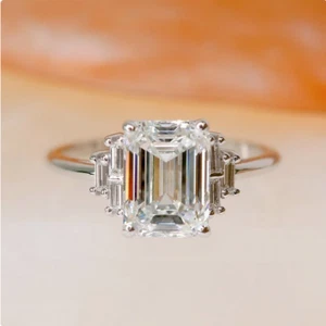 D White Emerald Cut Engagement Ring Solitaire With Accents 925 Silver 10x8 MM - Picture 1 of 8