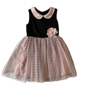 Black & Pink Polka Dot, Flower, Rose, Tulle, Sleeveless, Collared, Party Dress - Picture 1 of 11
