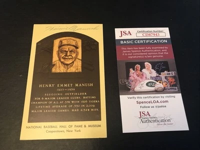 HEINIE MANUSH Signed Yellow HOF Plague Postcard COA JSA autograph Auto - Image 1 of 3